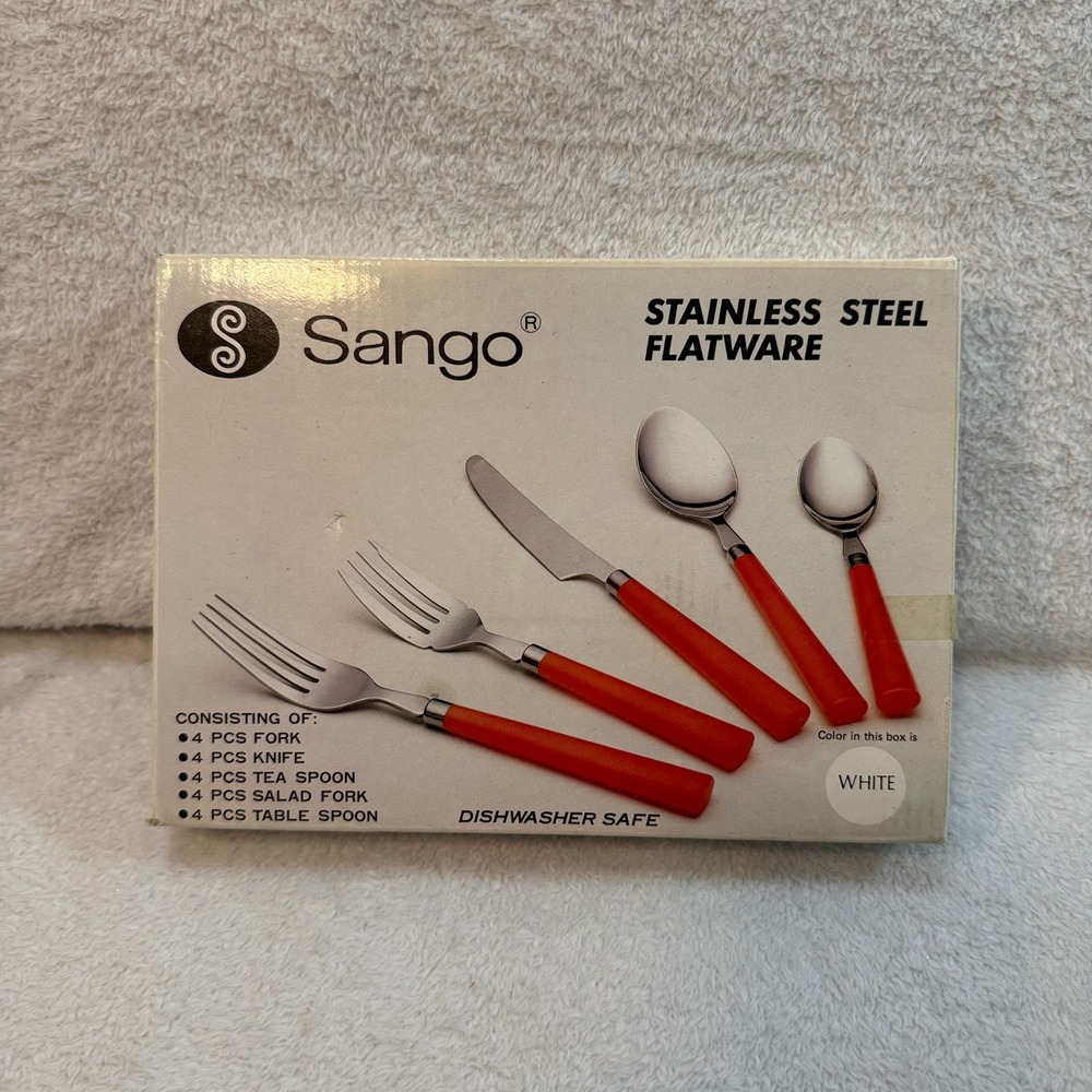 Sango Stainless Steel Flatware Set 20 Piece Service for 4 White Handles Vintage - Picture 9 of 13